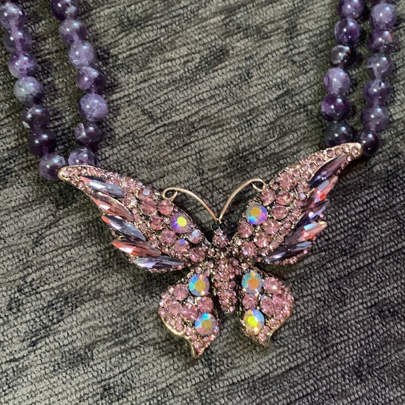 Gorgeous Amethyst Gemstones and crystal butterfly necklace - Picture 3 of 9
